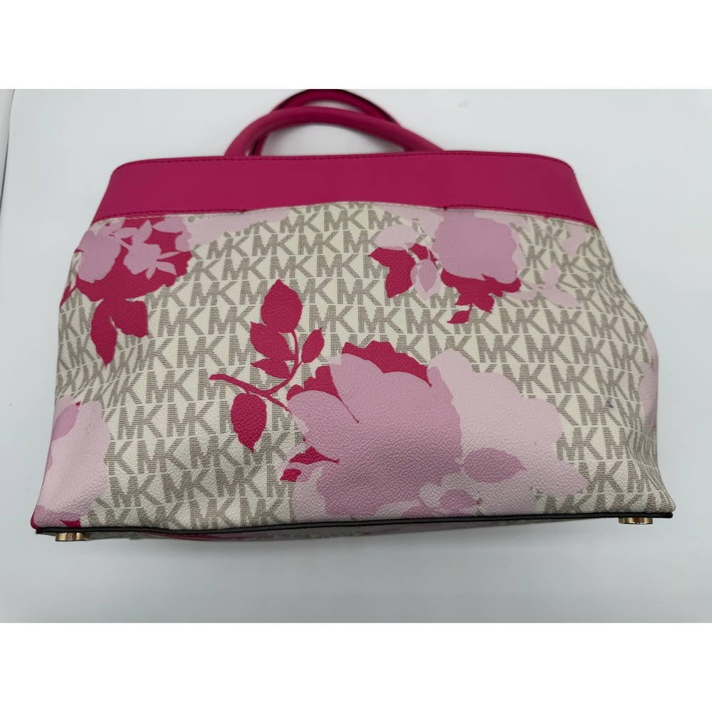 Michael Kors Pink Floral Signature Logo Satchel Handbag Gold Tone Hardware - Picture 4 of 8